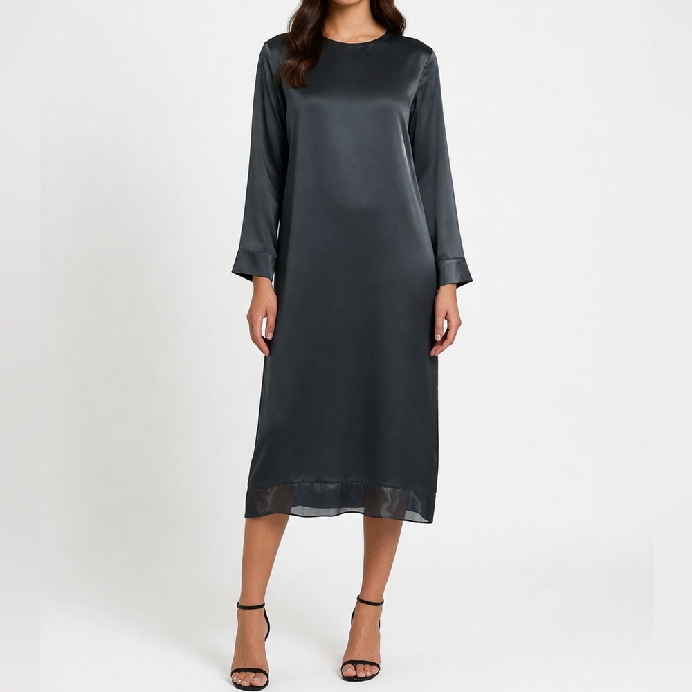 COS Black Satin Shift Dress Long Sleeve Minimalist Midi Quiet Luxury